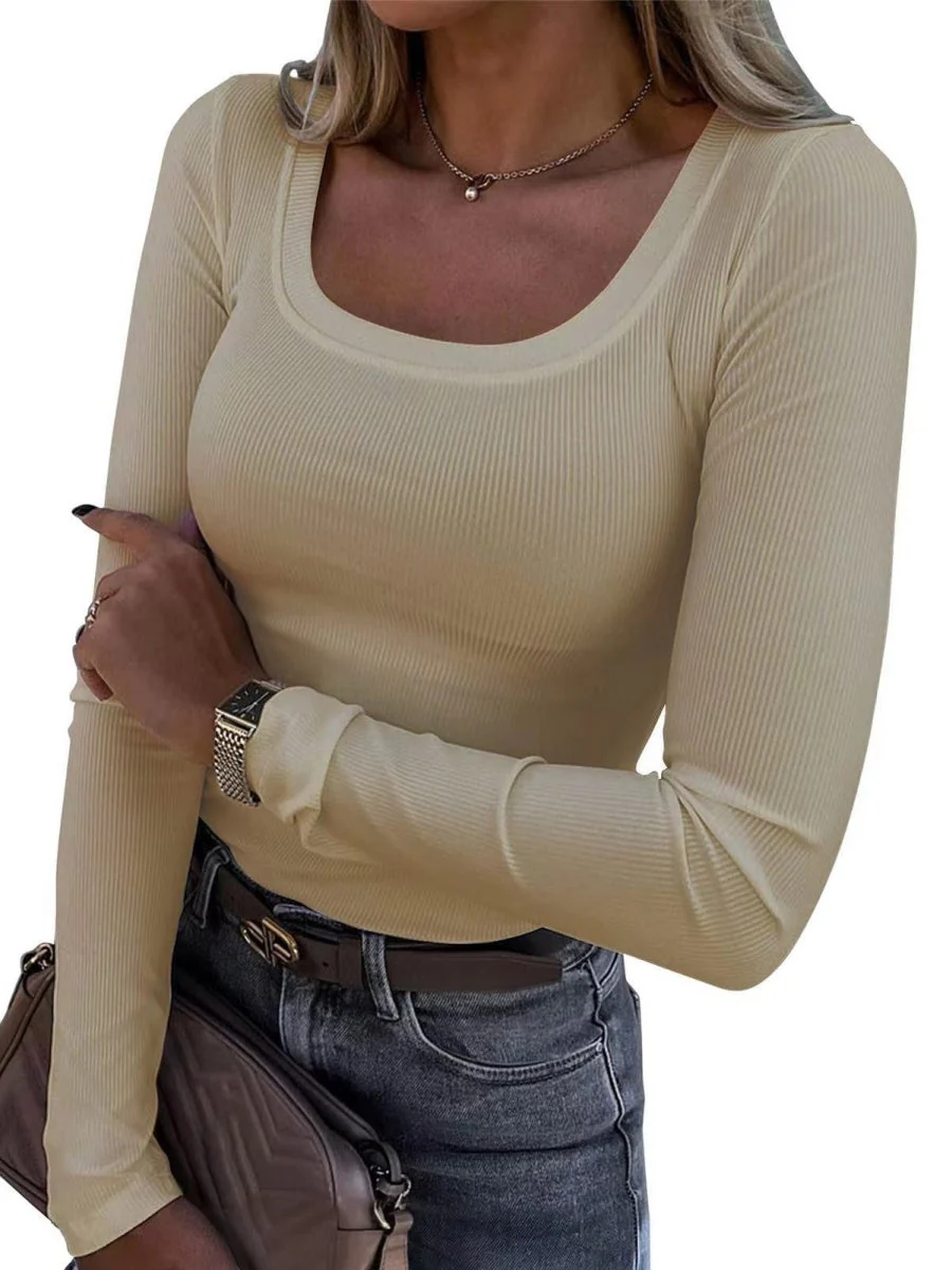 Threaded Groove Trimming Long Sleeve U-neck Base T-shirts - Image 9