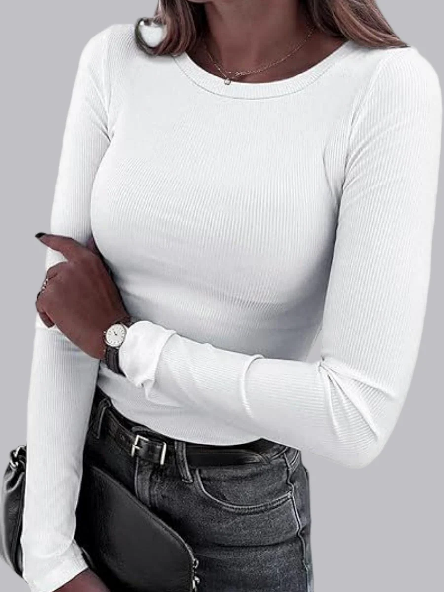 Pit Strip Long Sleeve Elastic Crew Neck Ribbed Slim Fit Basic T-shirts