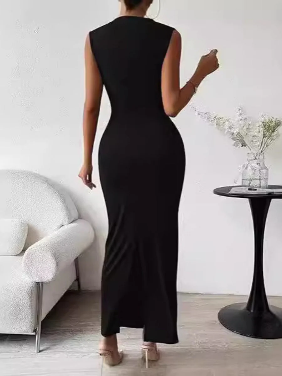 Solid Color Sleeveless Pleated Slim Fit Innerwear Maxi Dresses - Image 3