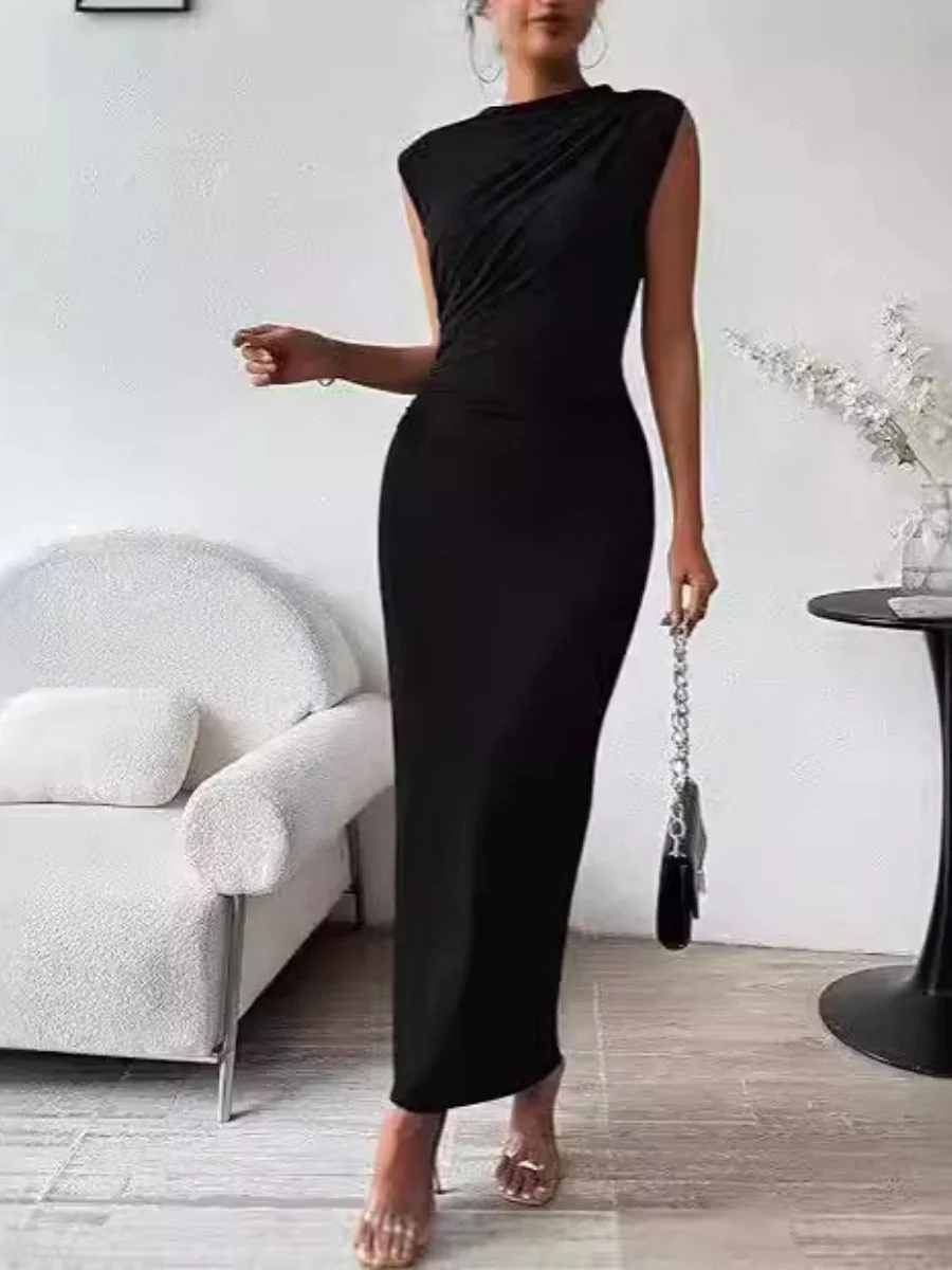 Solid Color Sleeveless Pleated Slim Fit Innerwear Maxi Dresses - Image 4