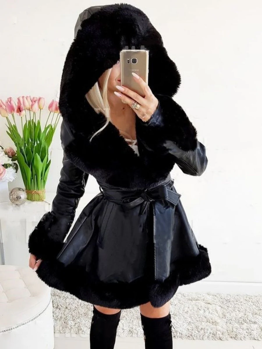 Furry Patchwork Ruffle Solid Color Ribbon Hooded Coats - Image 2