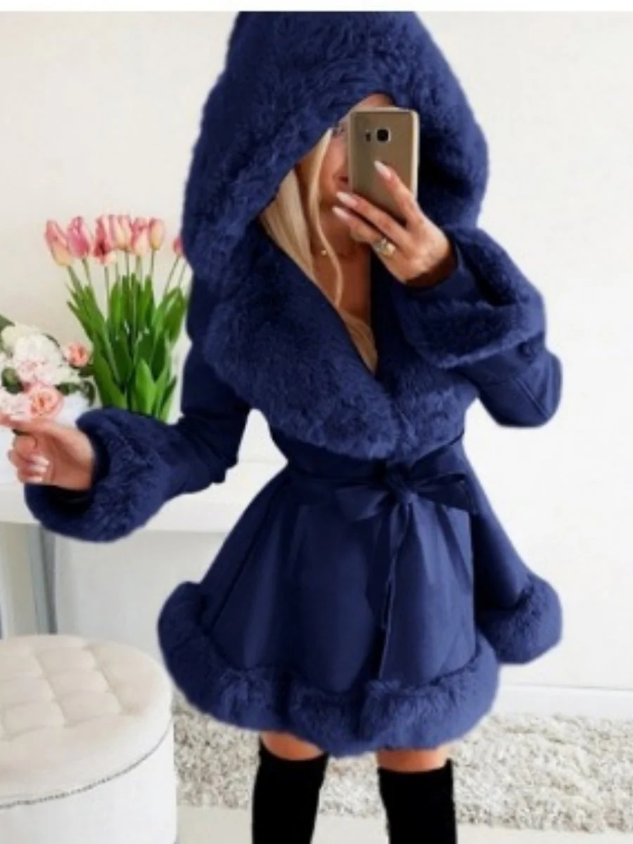 Furry Patchwork Ruffle Solid Color Ribbon Hooded Coats - Image 4