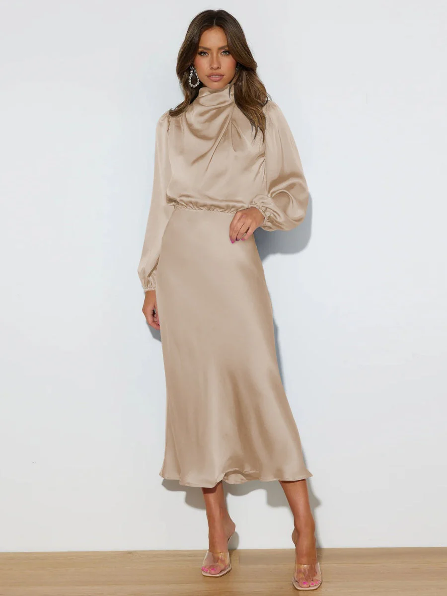 Satin Long Sleeve Zipper Solid Color Maxi Dresses - Image 3