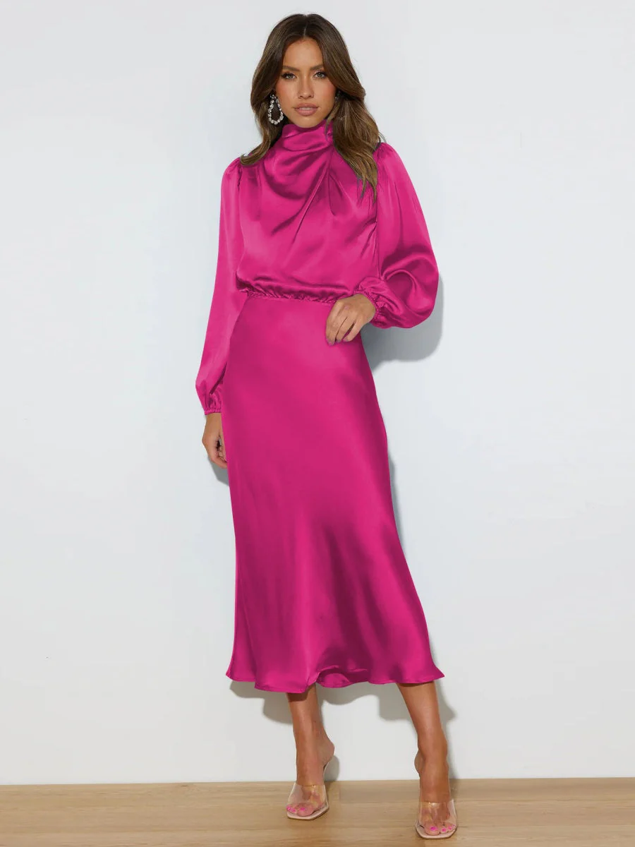 Satin Long Sleeve Zipper Solid Color Maxi Dresses - Image 30