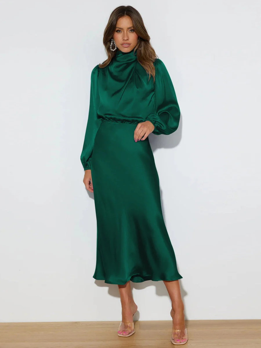 Satin Long Sleeve Zipper Solid Color Maxi Dresses - Image 8