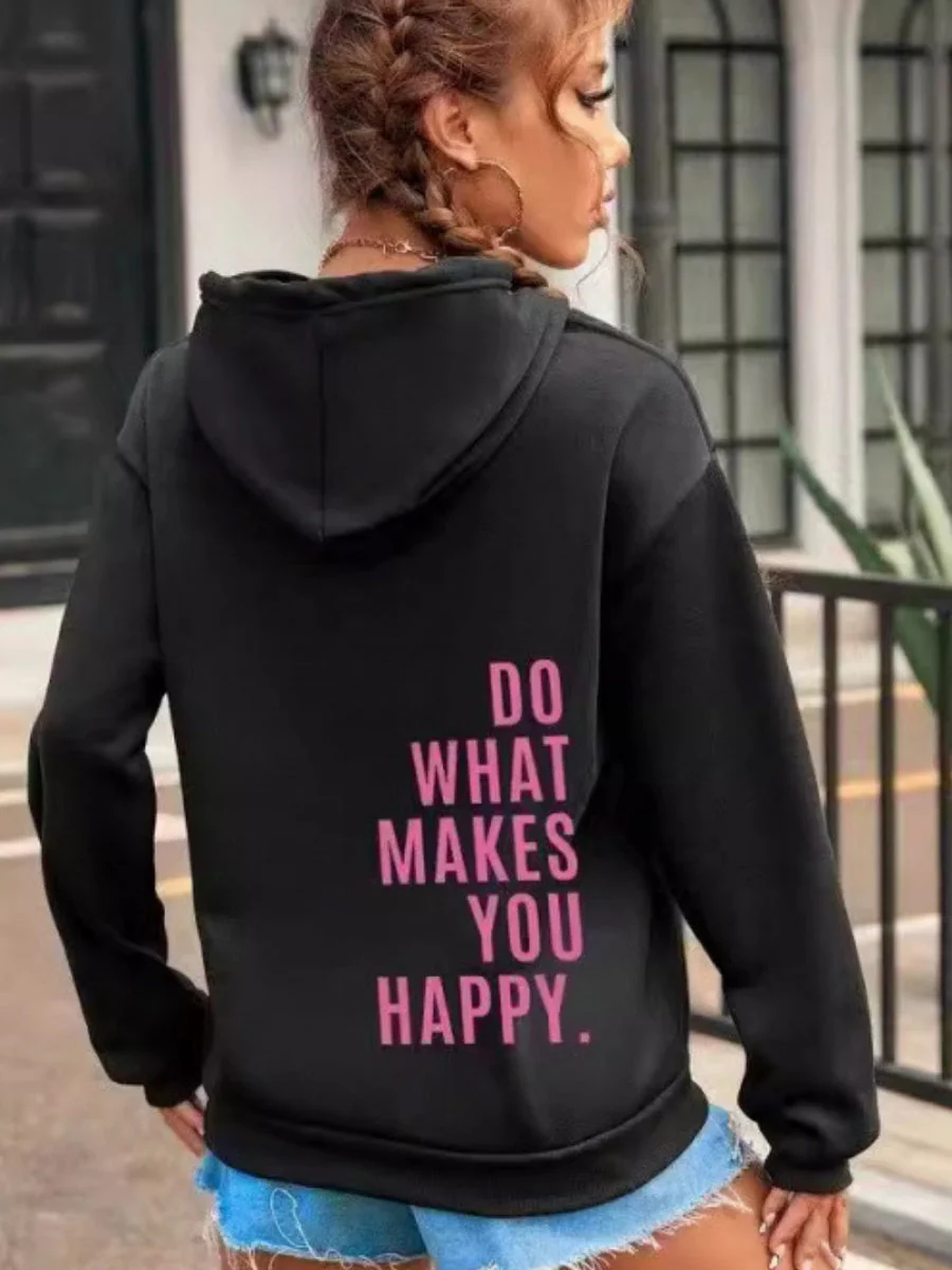 Long Sleeve Leisure Do What Makes You Happy Print Hoodies - Image 2