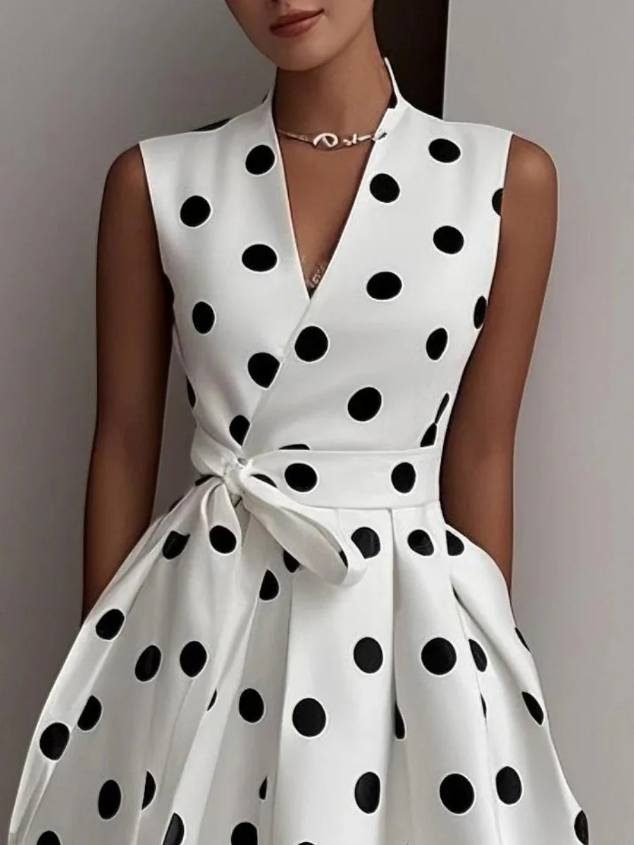 Polka Dots Sleeveless Waist Midi Dresses - Image 2