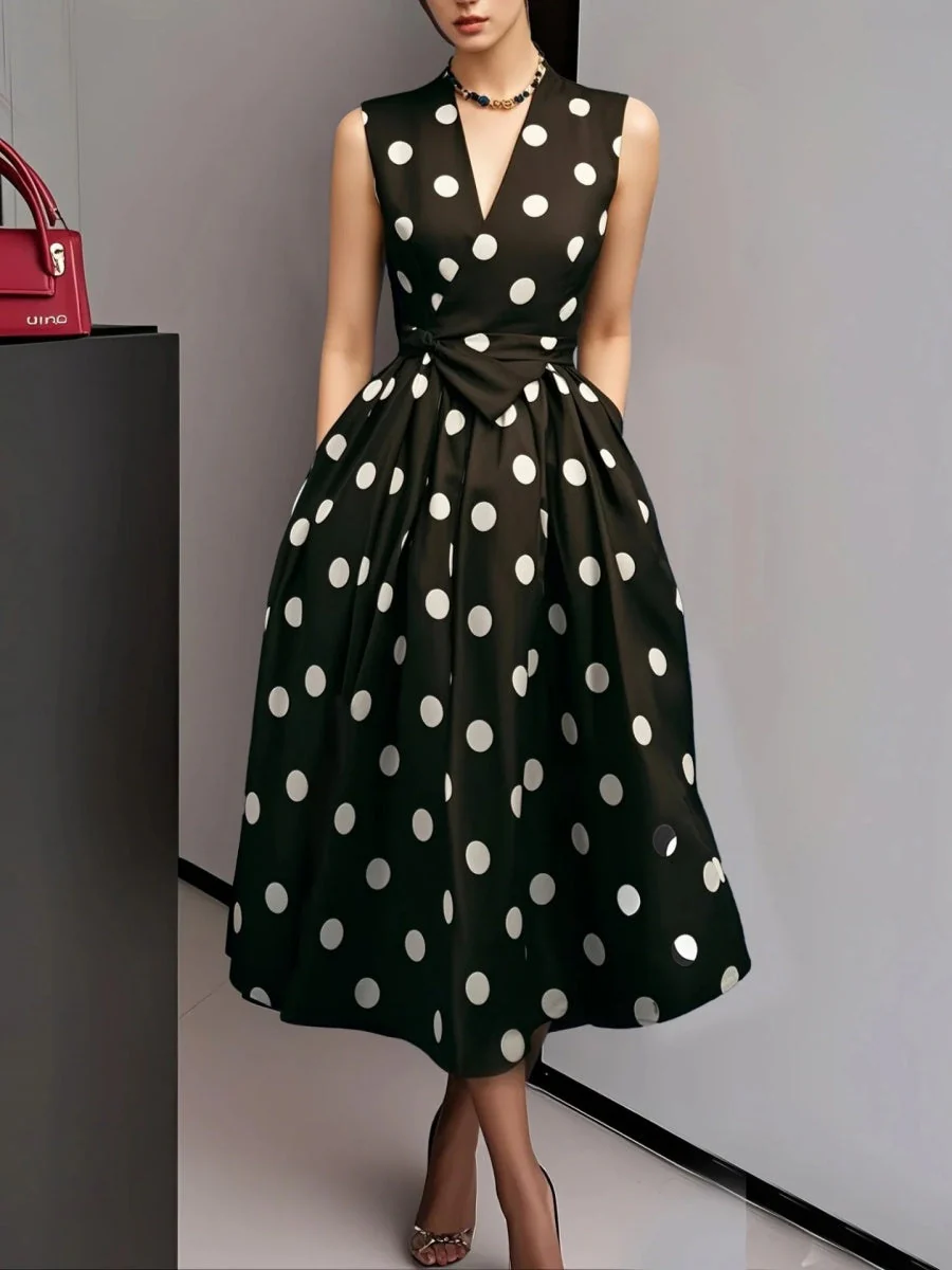 Polka Dots Sleeveless Waist Midi Dresses - Image 3