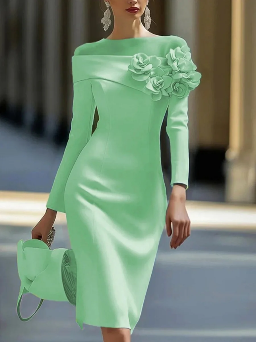 Round Neck, Solid Color, Slim Fit, Mid-length Dress With Side 3D Floral Embellishments - Image 2