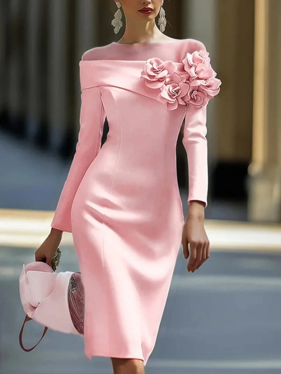 Round Neck, Solid Color, Slim Fit, Mid-length Dress With Side 3D Floral Embellishments - Image 4