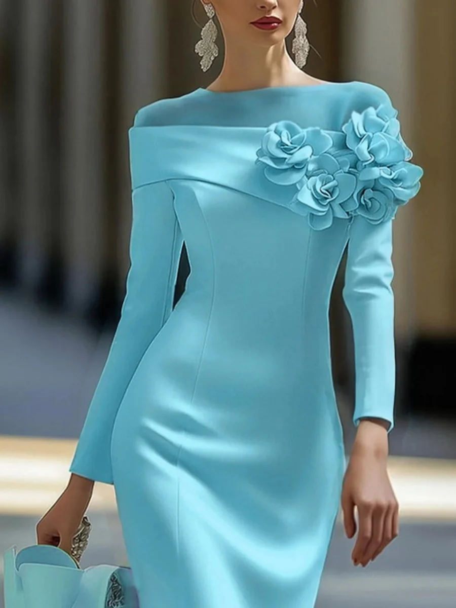 Round Neck, Solid Color, Slim Fit, Mid-length Dress With Side 3D Floral Embellishments - Image 5