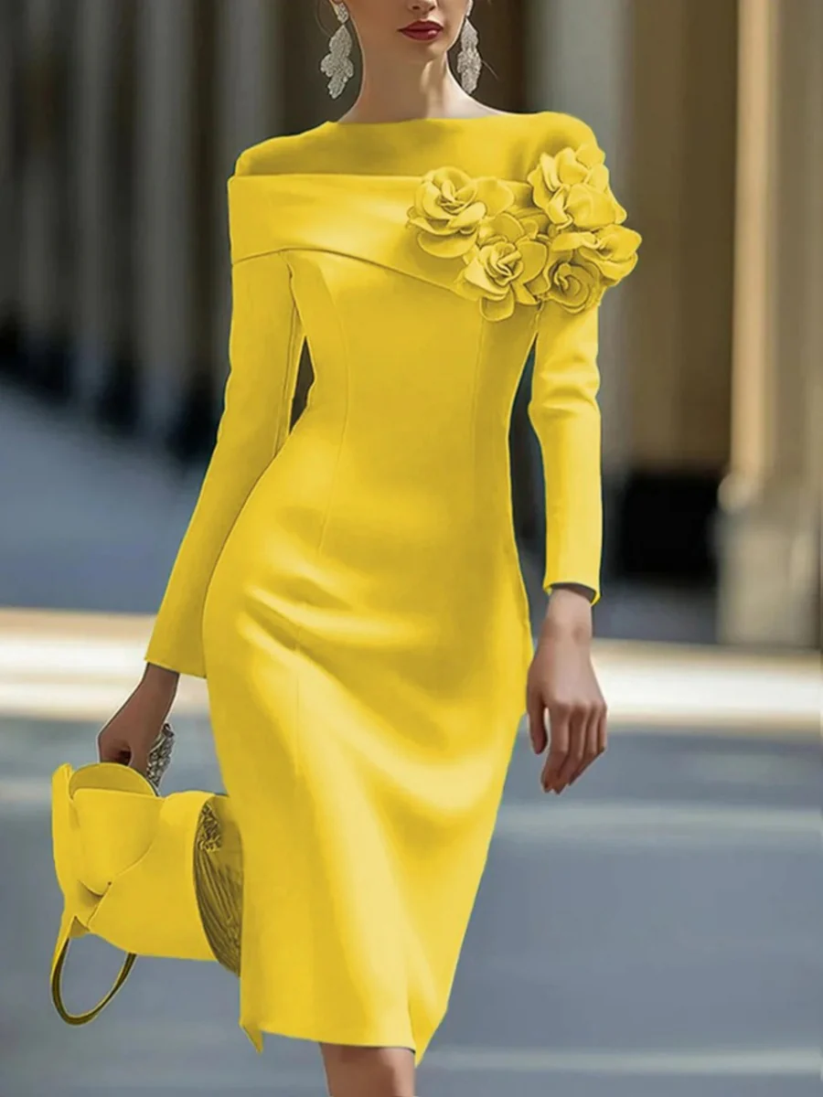 Round Neck, Solid Color, Slim Fit, Mid-length Dress With Side 3D Floral Embellishments - Image 6