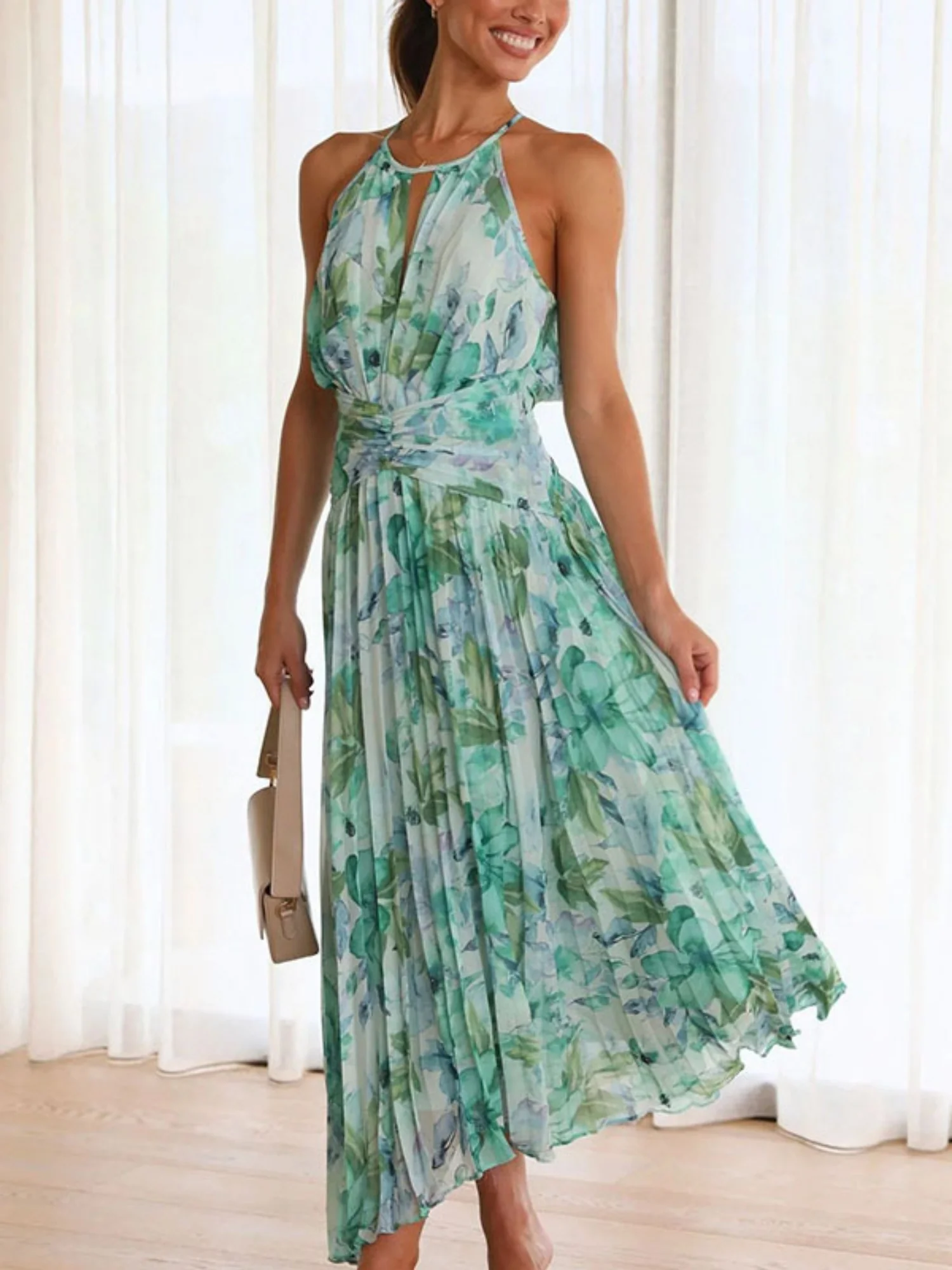 Printed Halter V-neck Sleeveless Maxi Dresses - Image 3