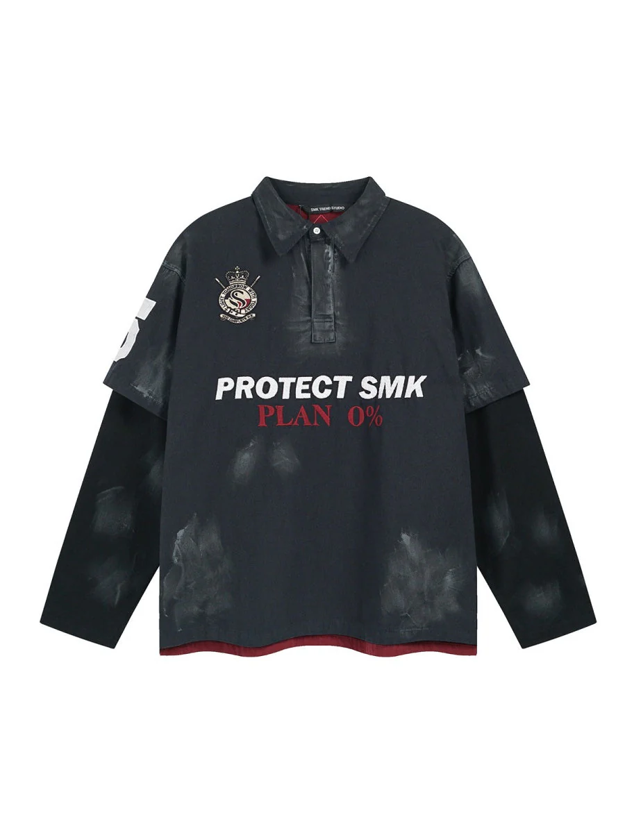 Wasteland Style American Jersey Fake Two Pieces Embroidery Polo Shirt - Image 5