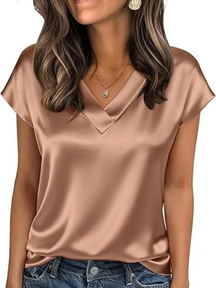V-neck Satin Leisure Solid Color T-shirts - Image 10