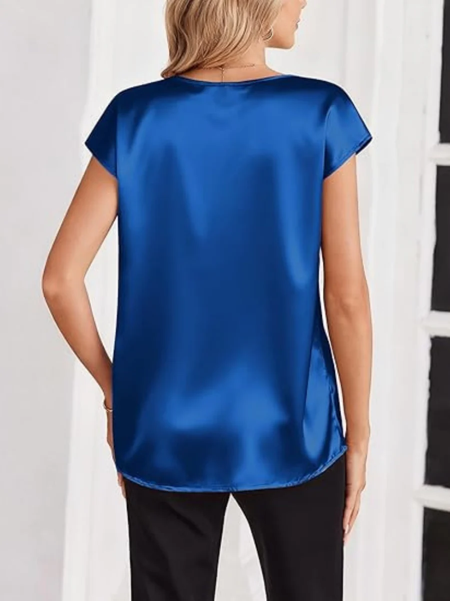 V-neck Satin Leisure Solid Color T-shirts - Image 14