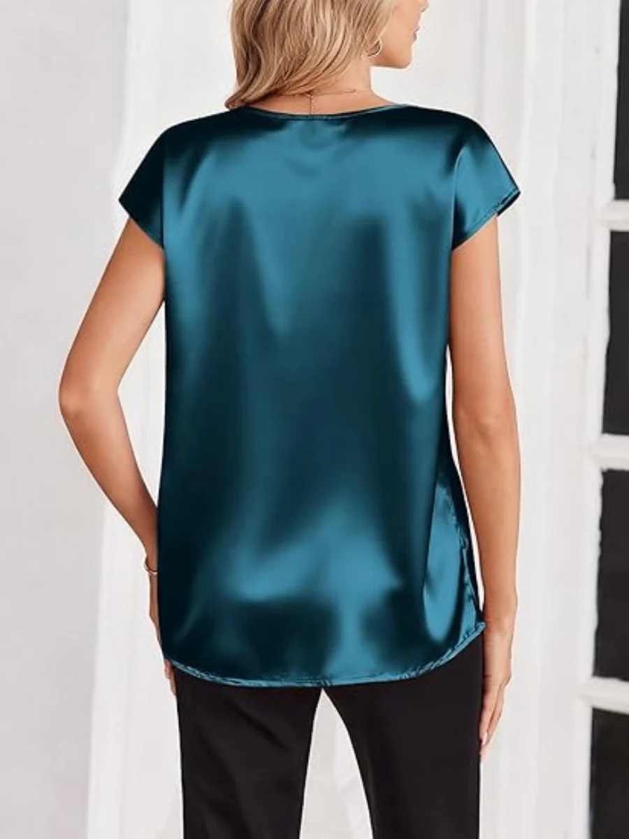 V-neck Satin Leisure Solid Color T-shirts - Image 16