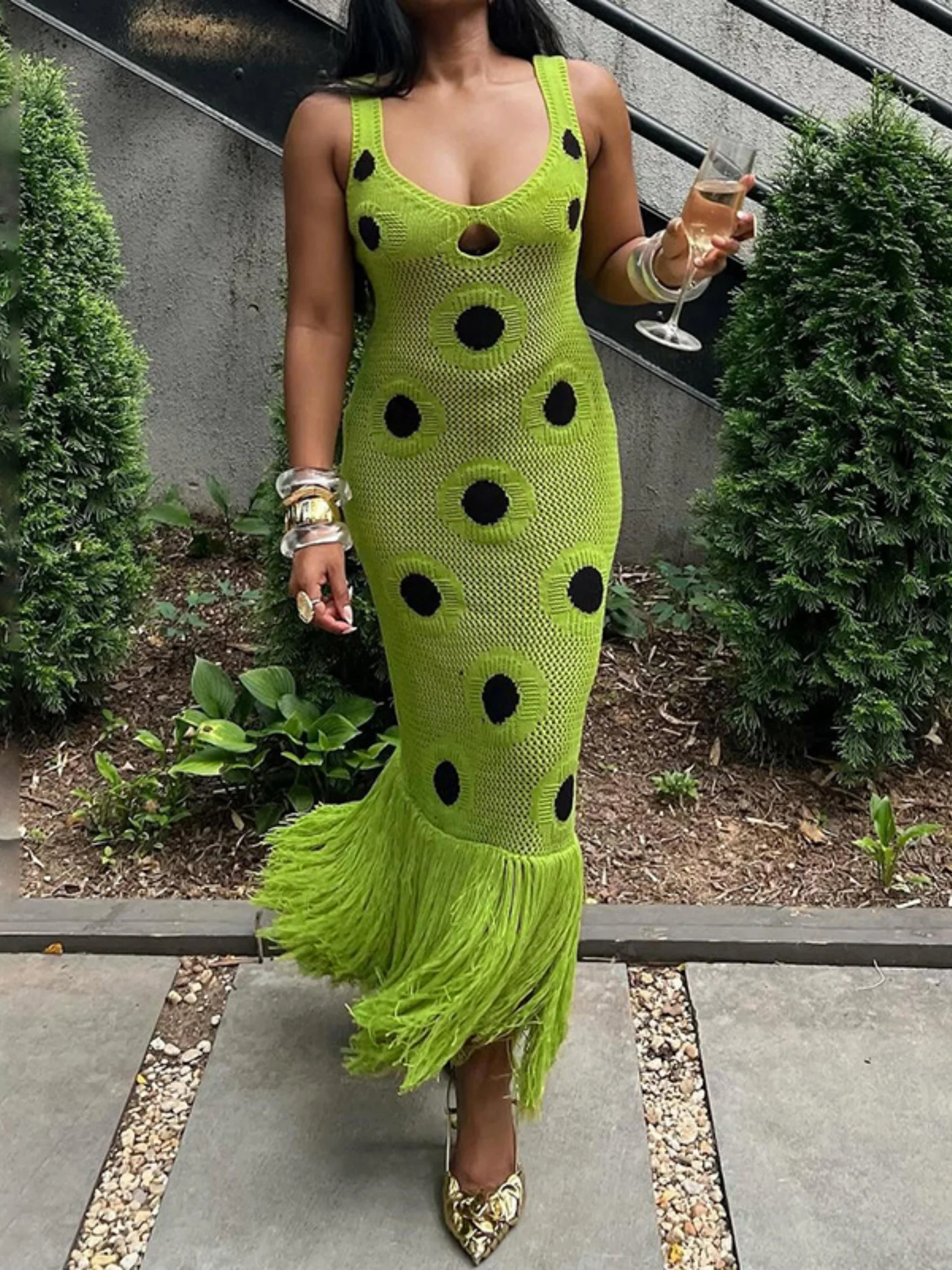 Polka Dots Hollow Out Tassel Sleeveless V-neck Maxi Dresses