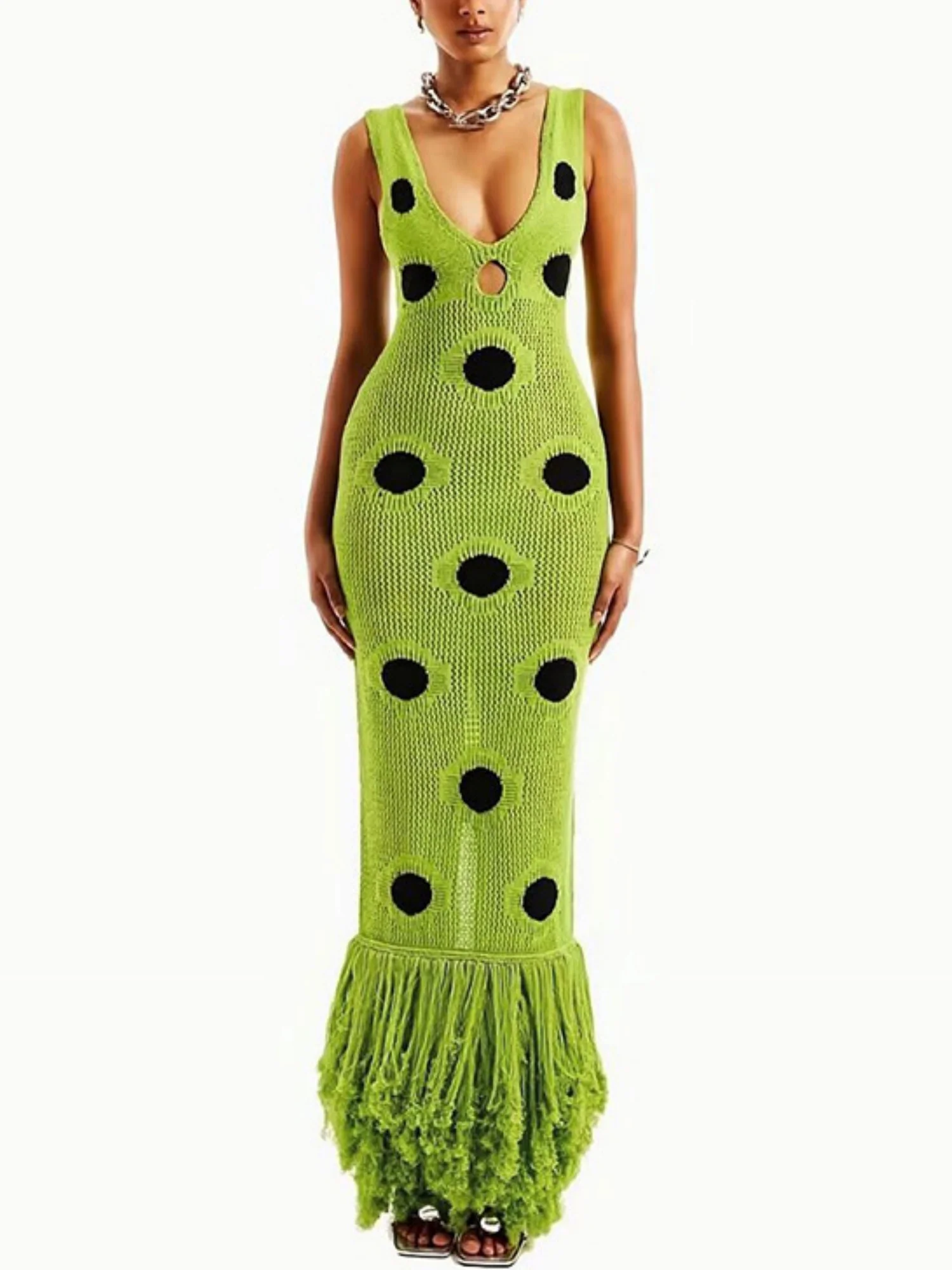 Polka Dots Hollow Out Tassel Sleeveless V-neck Maxi Dresses - Image 4