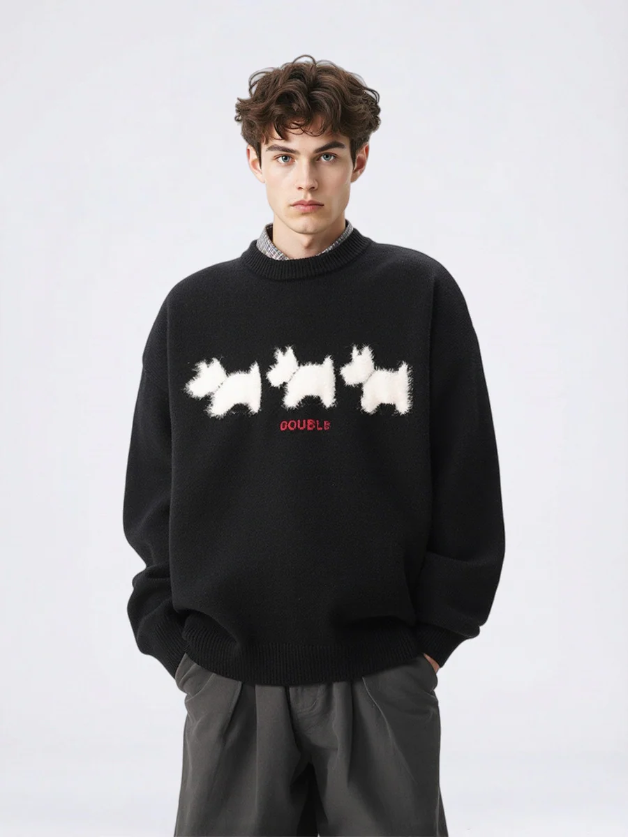 Flocked Puppy-Print Preppy Oversized Sweater