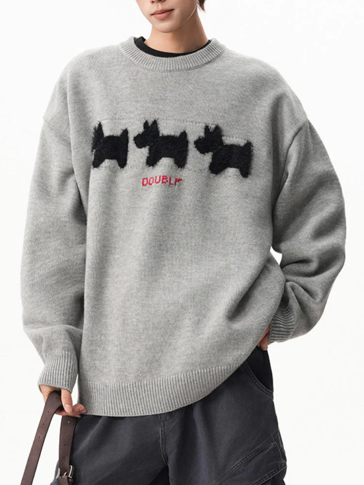 Flocked Puppy-Print Preppy Oversized Sweater - Image 5