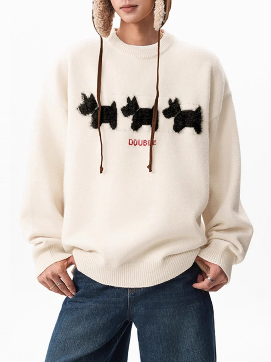 Flocked Puppy-Print Preppy Oversized Sweater - Image 6