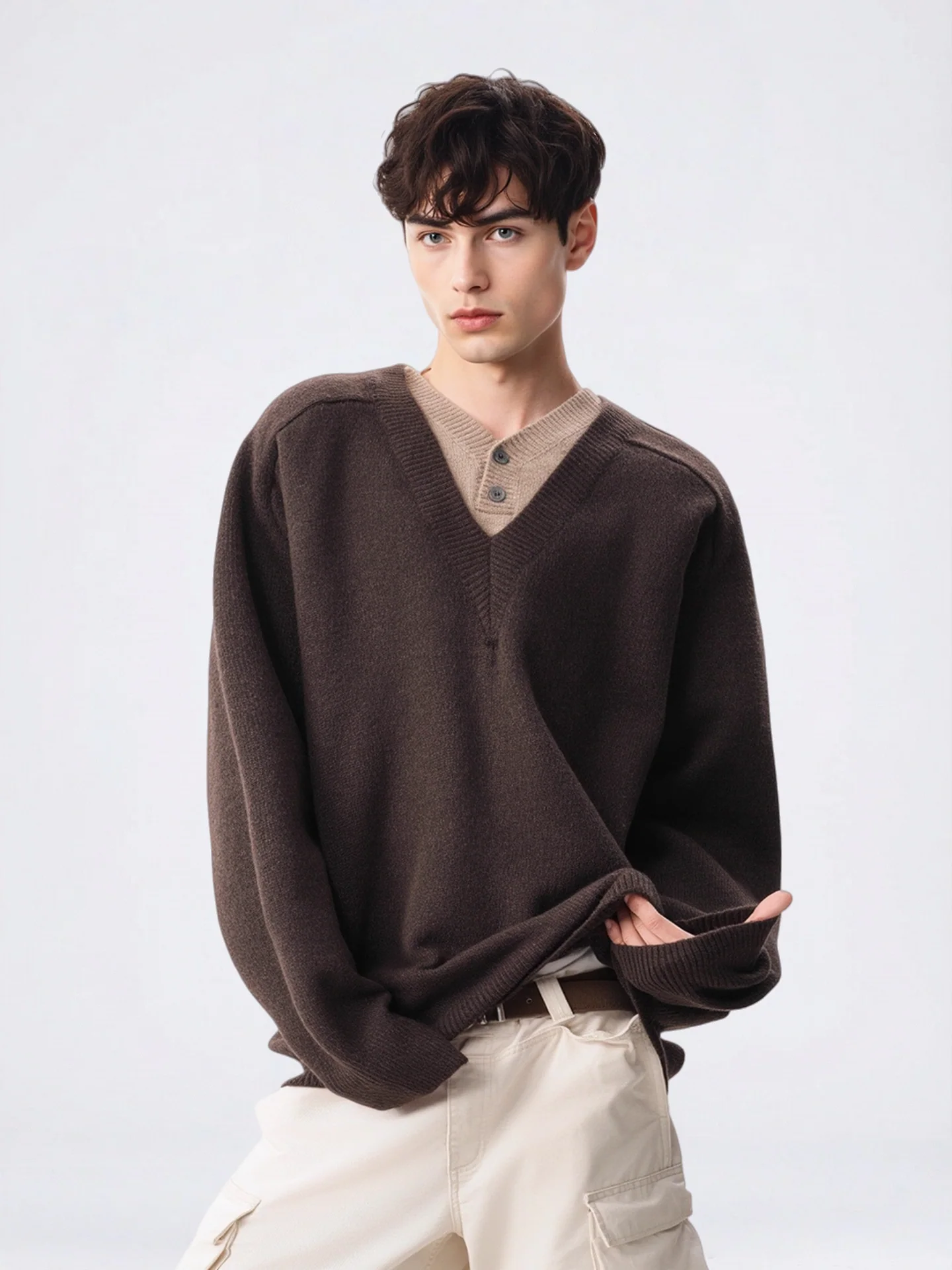 Retro Faux-Layer V-Neck Patchwork Oversized Knit Pullover