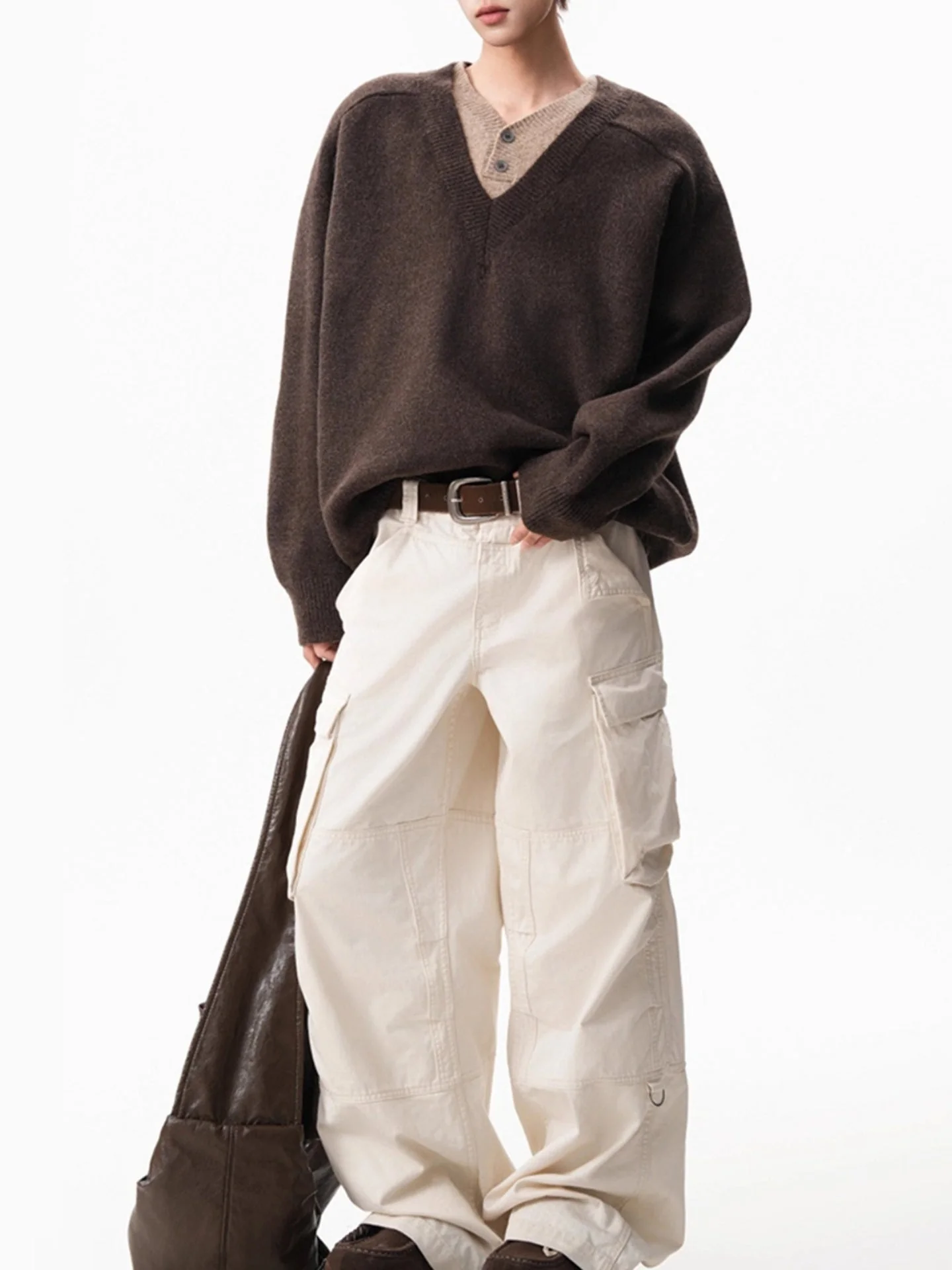 Retro Faux-Layer V-Neck Patchwork Oversized Knit Pullover - Image 2