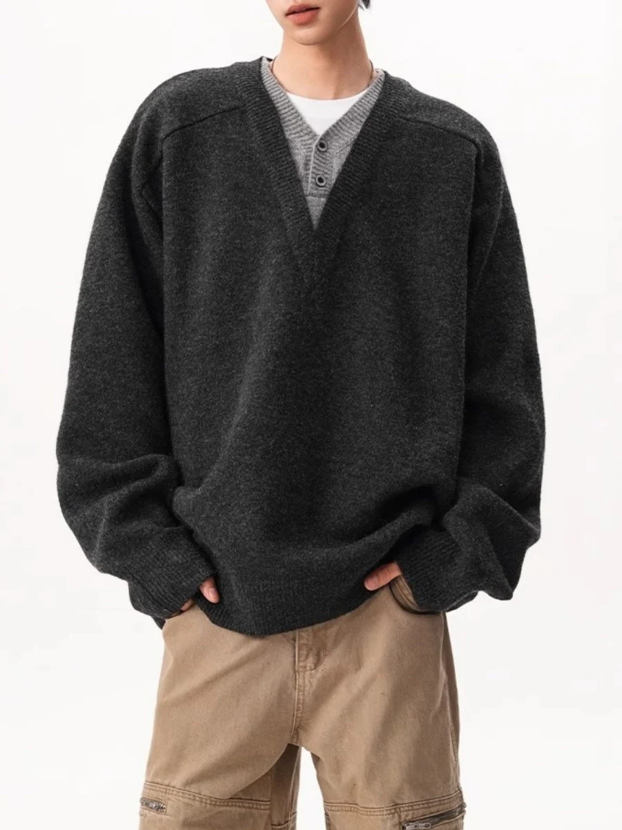 Retro Faux-Layer V-Neck Patchwork Oversized Knit Pullover - Image 4
