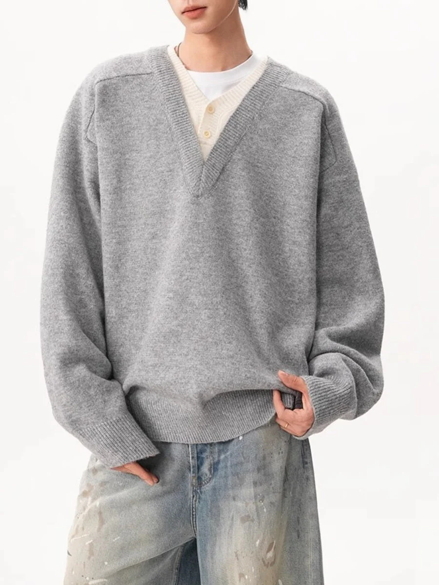 Retro Faux-Layer V-Neck Patchwork Oversized Knit Pullover - Image 5