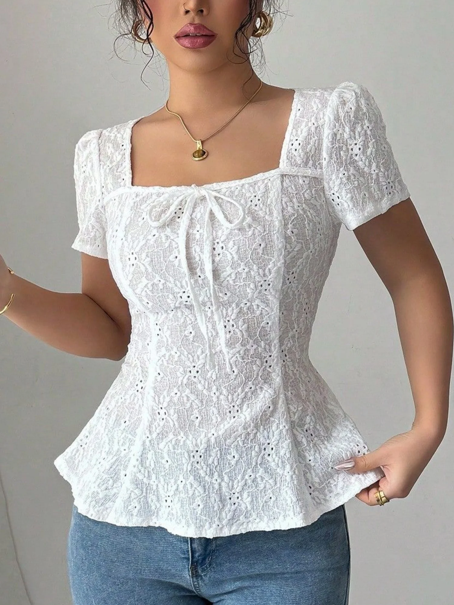Lace Bow Tie Square Neck Short Sleeve T-shirts - Image 3