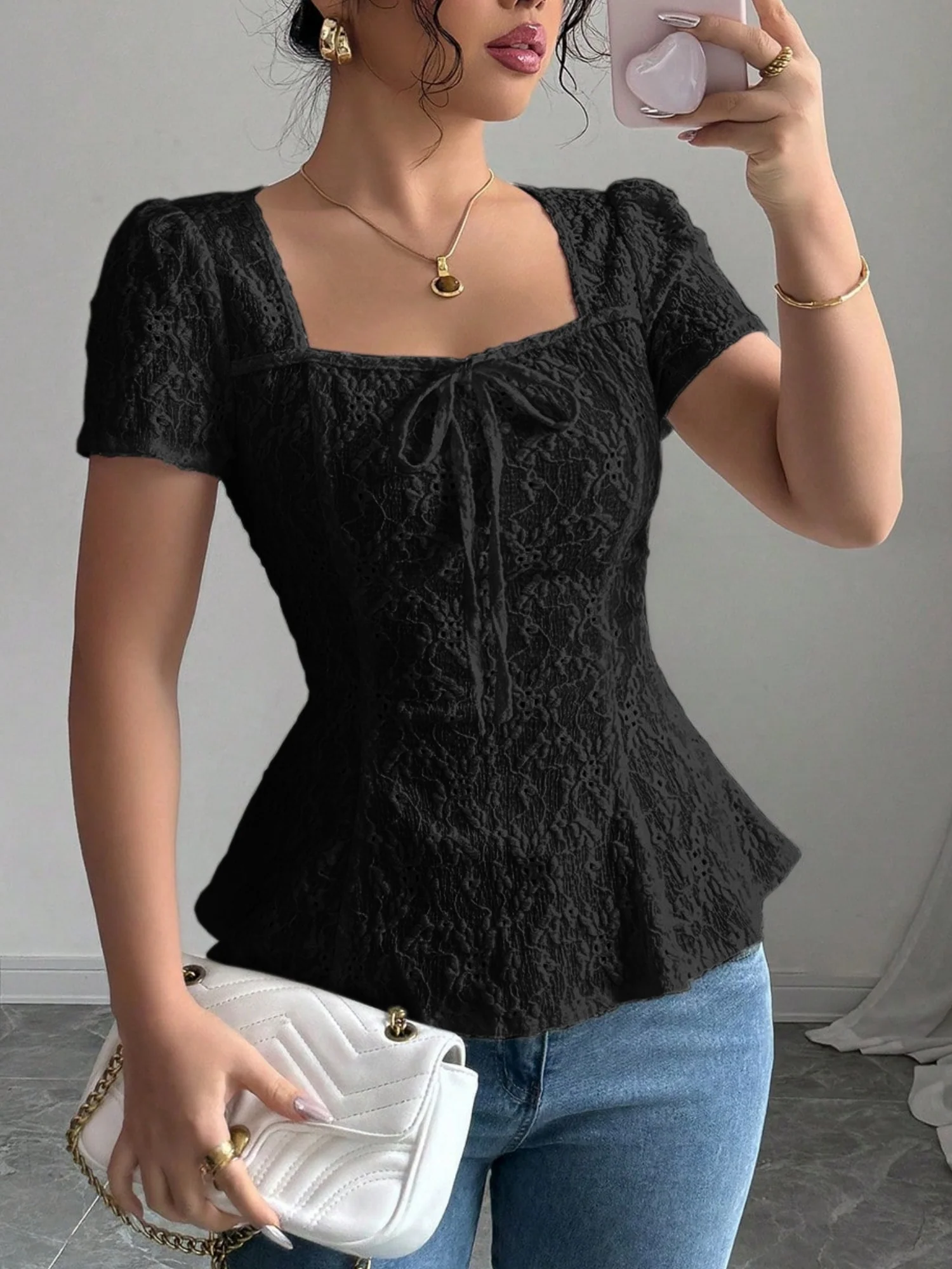 Lace Bow Tie Square Neck Short Sleeve T-shirts - Image 4