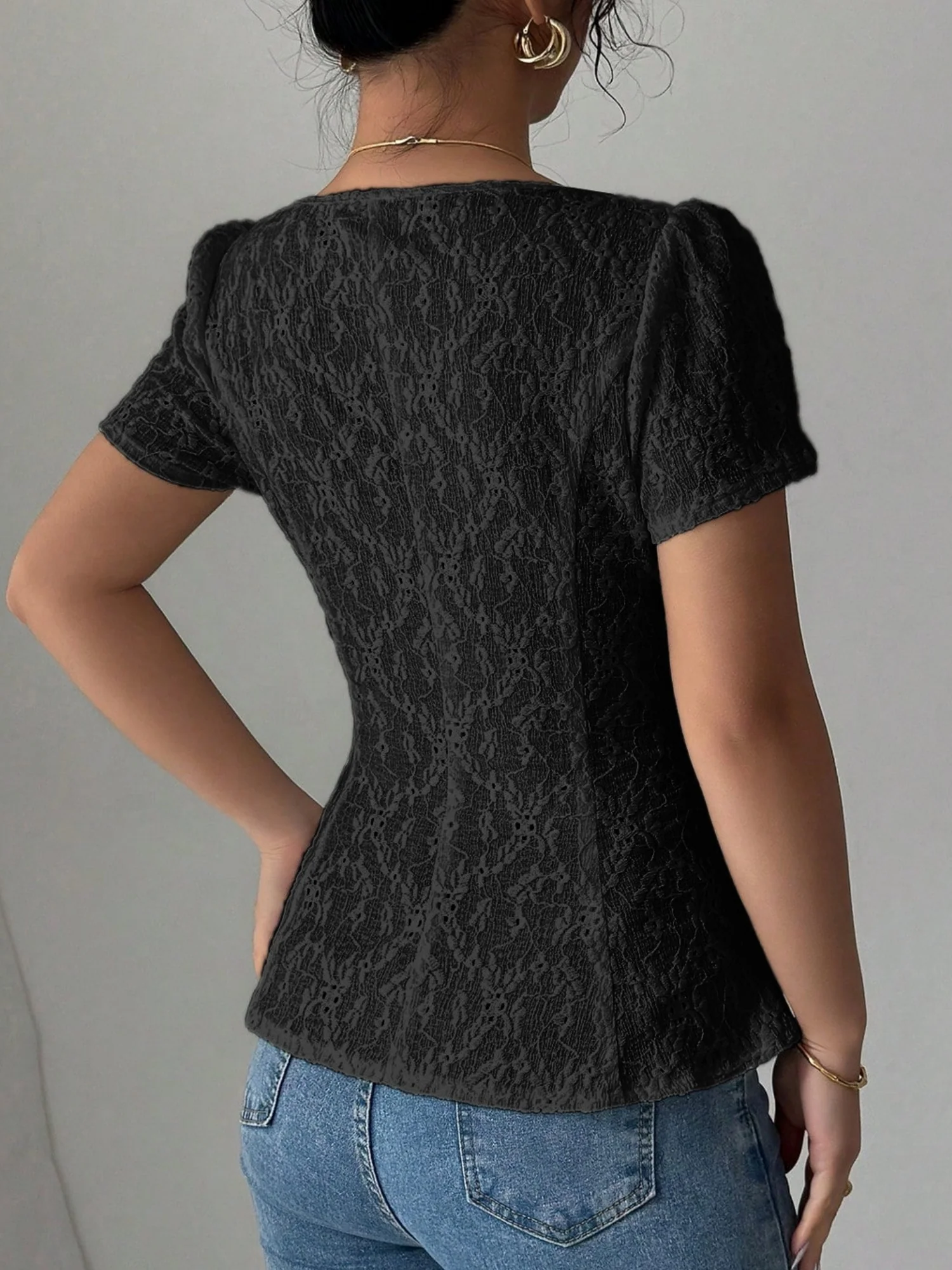 Lace Bow Tie Square Neck Short Sleeve T-shirts - Image 5