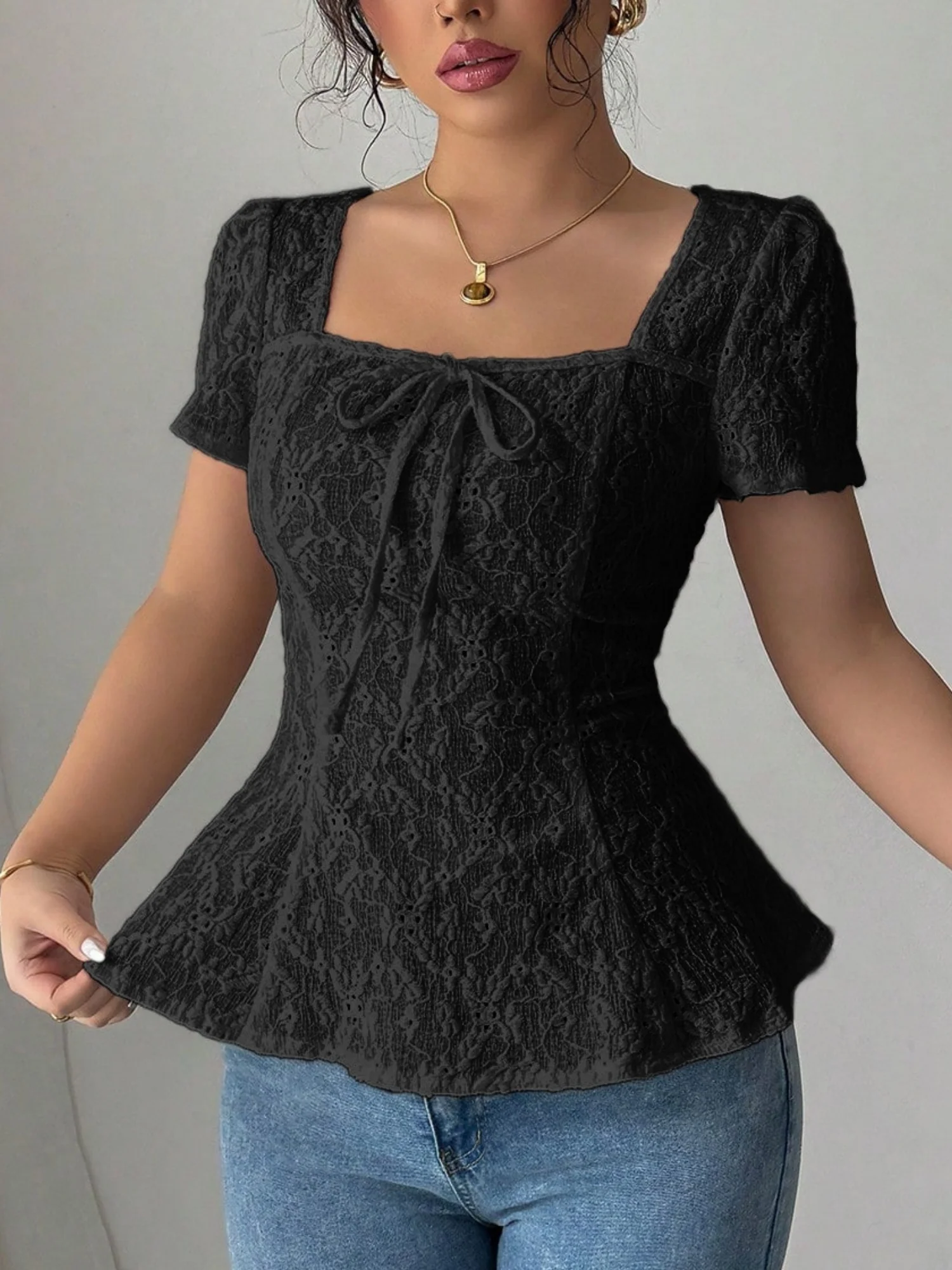 Lace Bow Tie Square Neck Short Sleeve T-shirts - Image 6