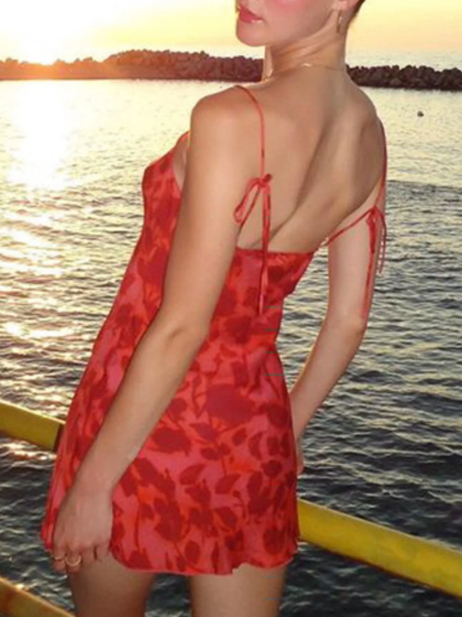 Printed Waist-cinching V-neck Camisole Mini&Short Dresses - Image 4