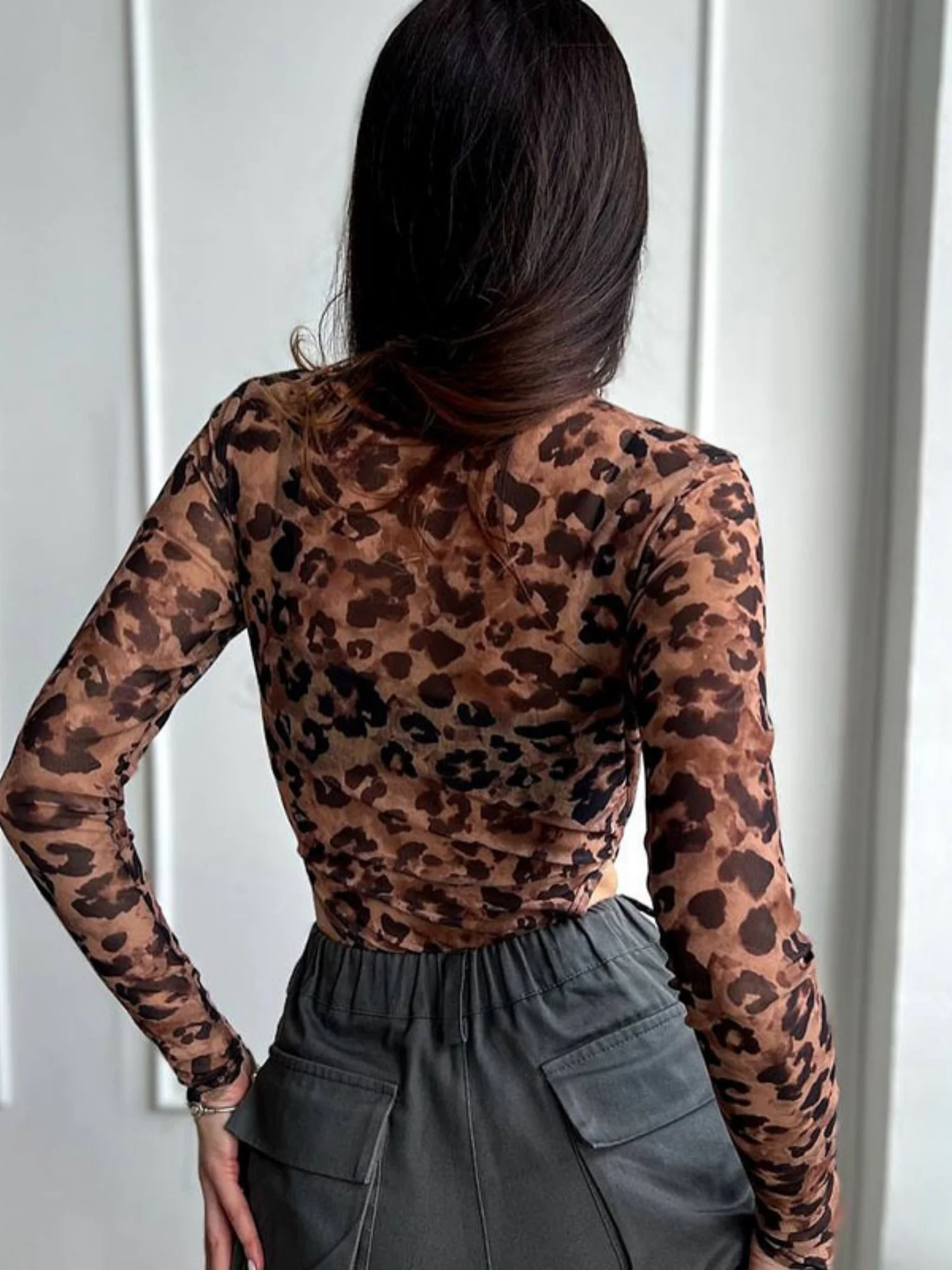 Leopard Print Mesh See-through Long Sleeves Bodysuits - Image 2