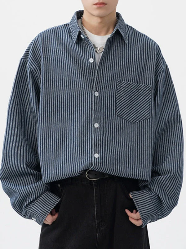 Vintage Wash Denim Striped Long-Sleeve Shirt - Image 3