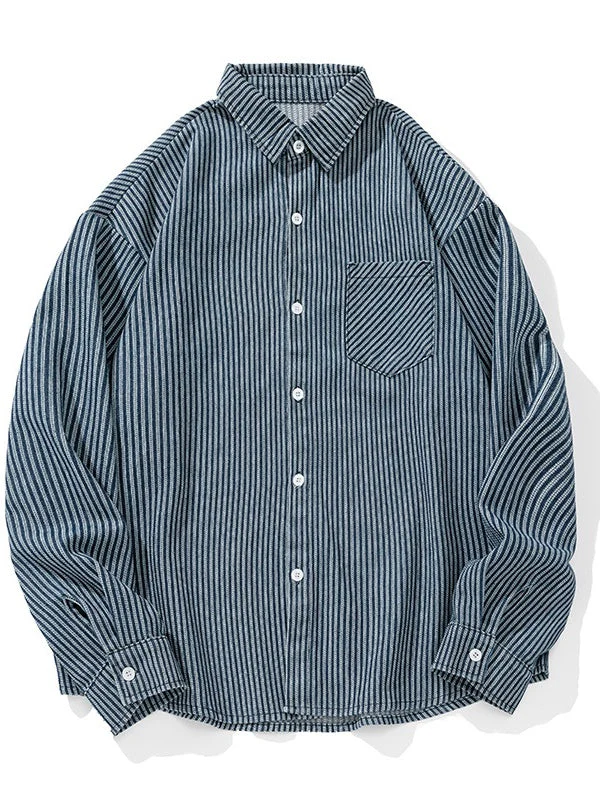 Vintage Wash Denim Striped Long-Sleeve Shirt - Image 5