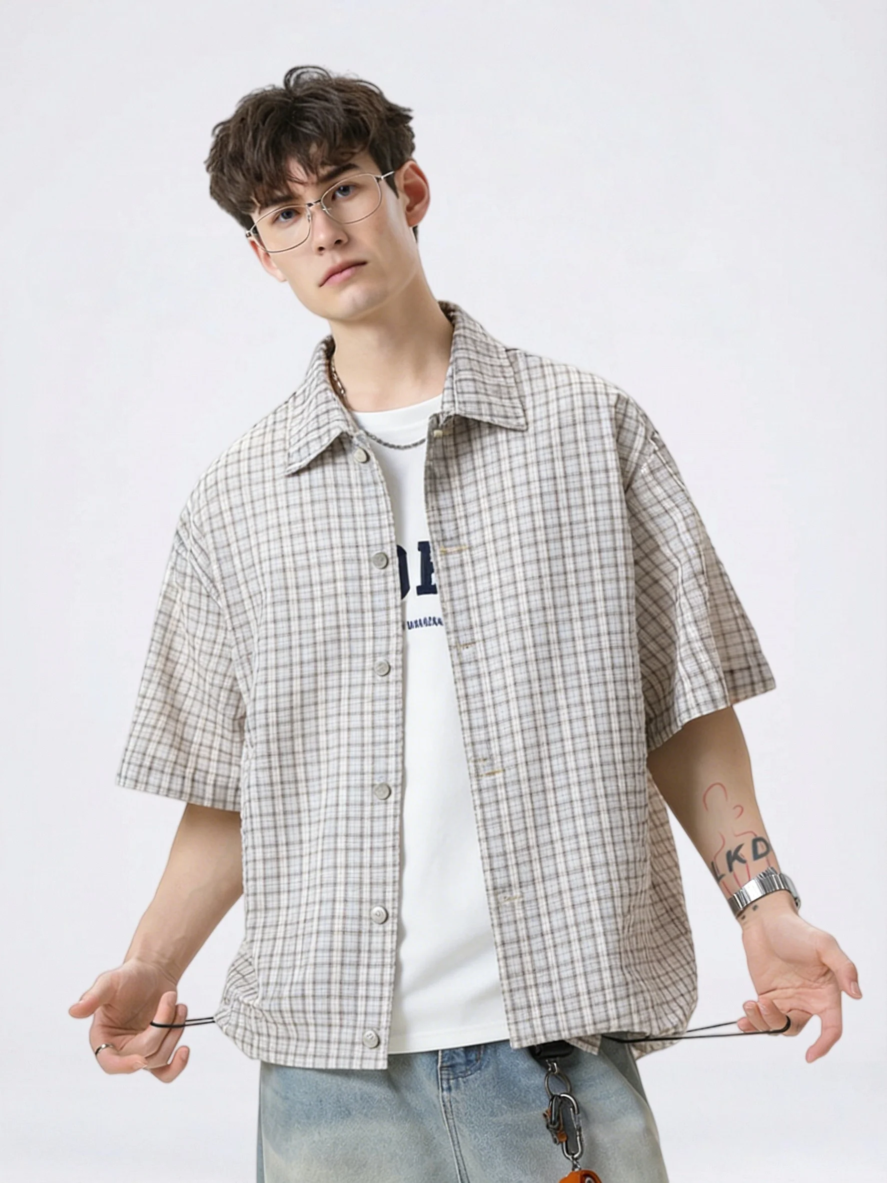 Color-blocked Plaid Boxy Loose-fit Shirts