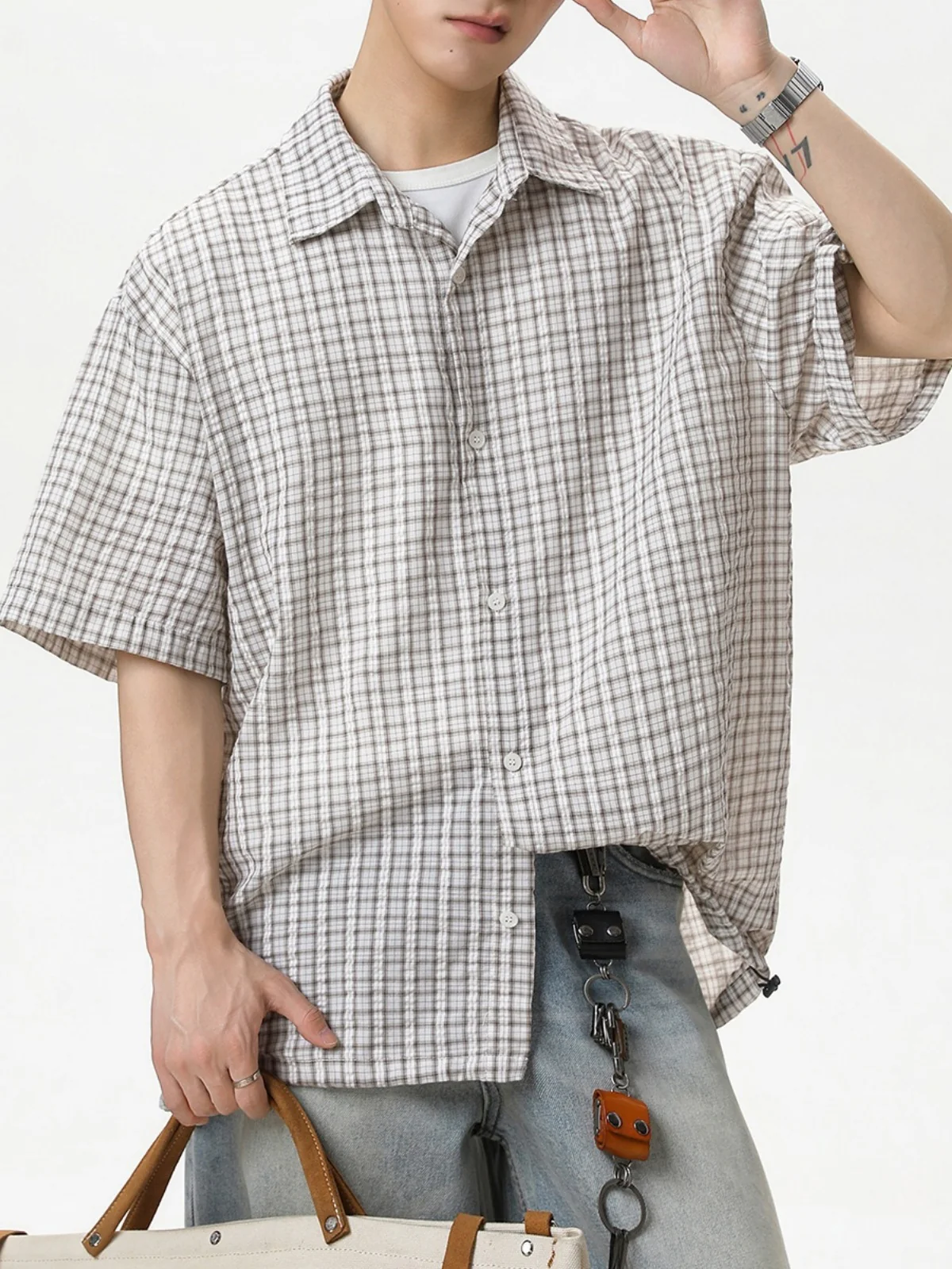 Color-blocked Plaid Boxy Loose-fit Shirts - Image 2