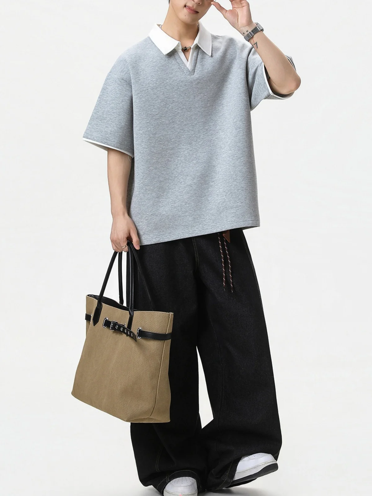 Layered-look Color-blocked Seagull Collar Polo Shirt - Image 3