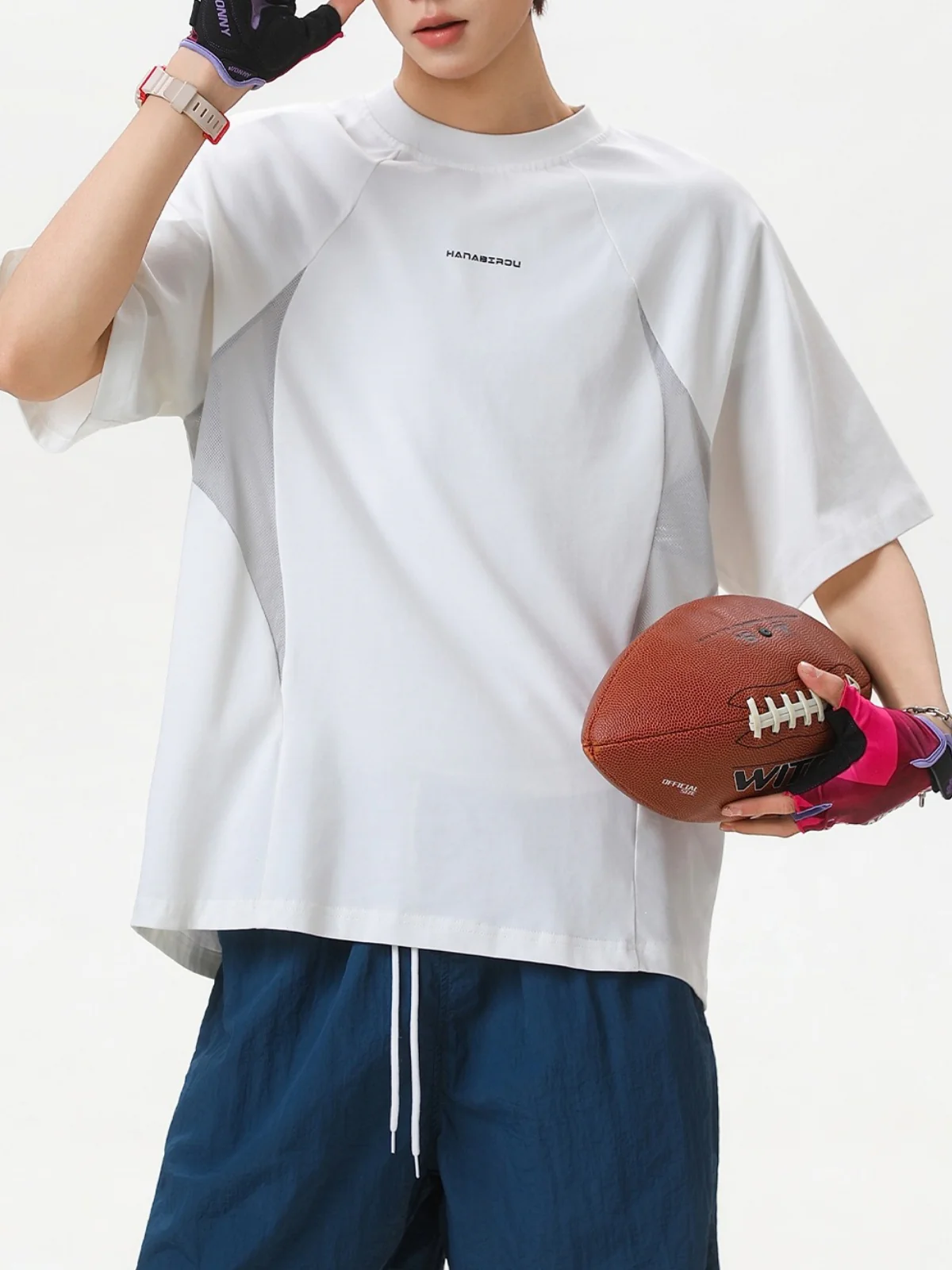 Color-blocked Mesh Patchwork Letter Print T-shirts - Image 5