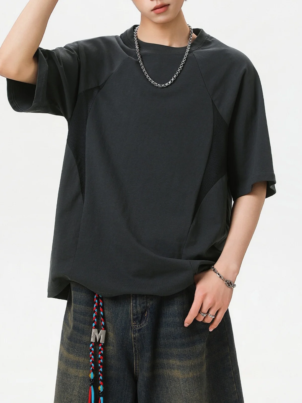 Color-blocked Mesh Patchwork Letter Print T-shirts - Image 8