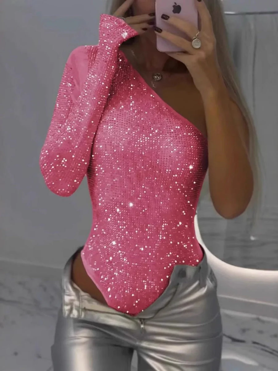 One-shoulder Tight-fitting Rhinestone Sequined Bodysuits - Image 7
