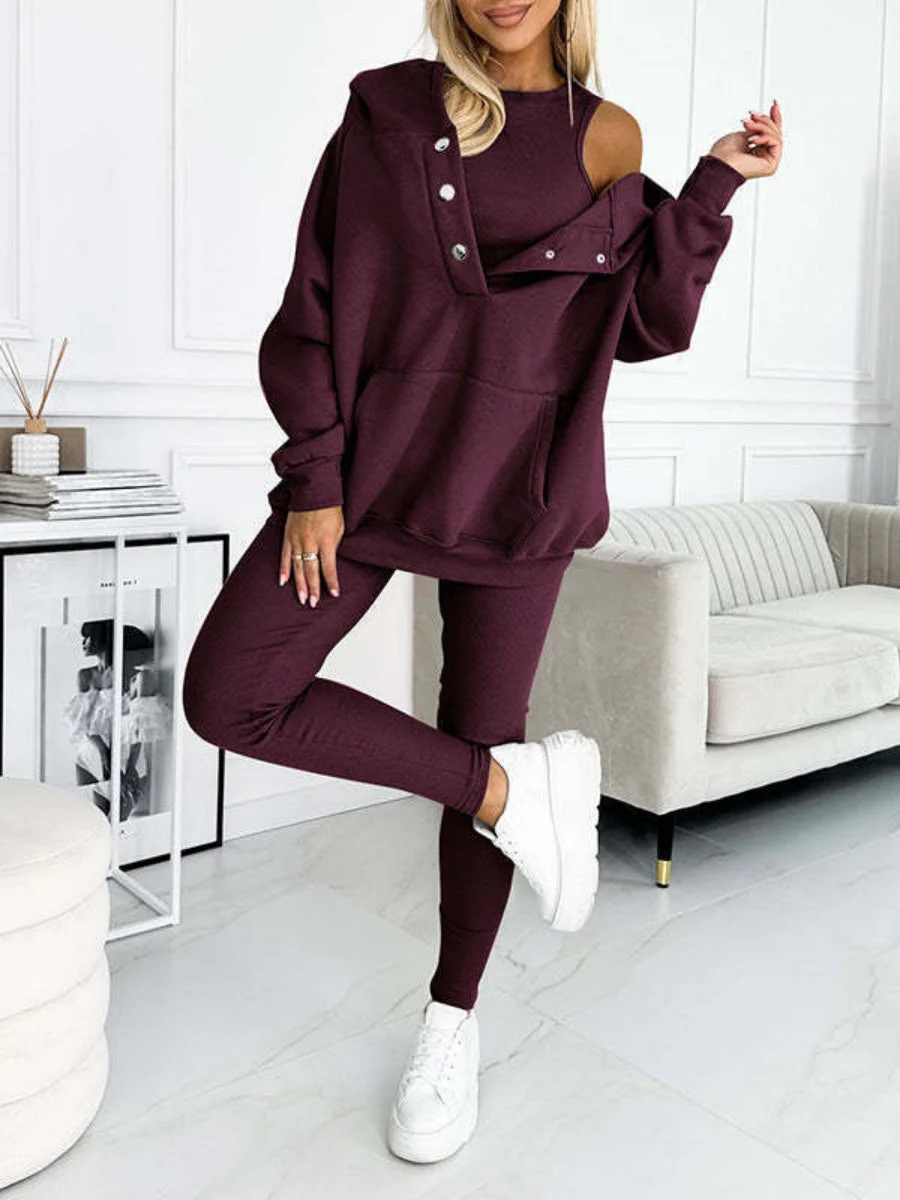 Sporty Casual Hoodie Sweatshirt, Ribbed Slim Fit Vest And Pants Three-piece Set - Image 12