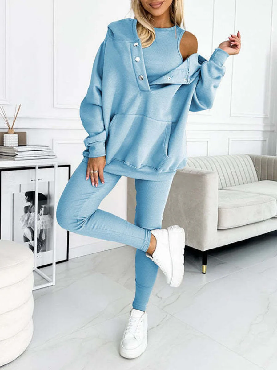 Sporty Casual Hoodie Sweatshirt, Ribbed Slim Fit Vest And Pants Three-piece Set - Image 19