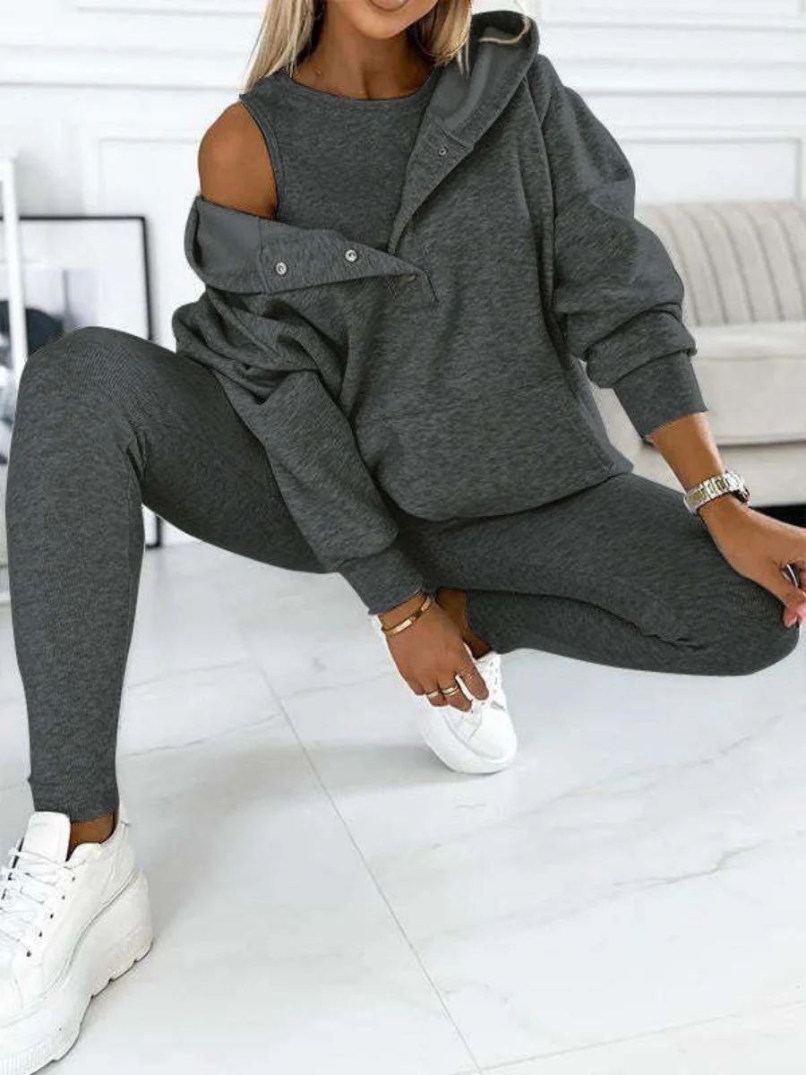 Sporty Casual Hoodie Sweatshirt, Ribbed Slim Fit Vest And Pants Three-piece Set - Image 22
