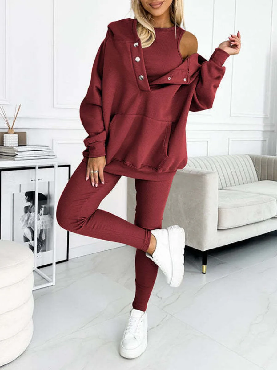 Sporty Casual Hoodie Sweatshirt, Ribbed Slim Fit Vest And Pants Three-piece Set - Image 26