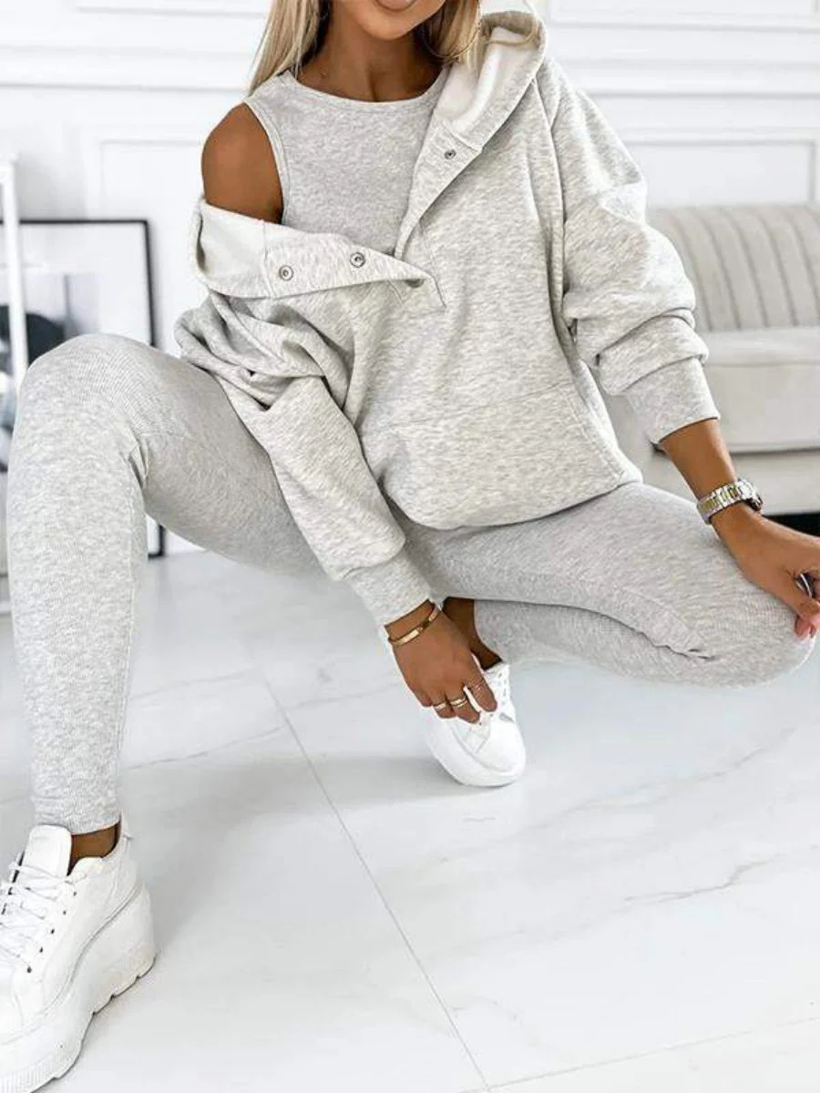 Sporty Casual Hoodie Sweatshirt, Ribbed Slim Fit Vest And Pants Three-piece Set - Image 4