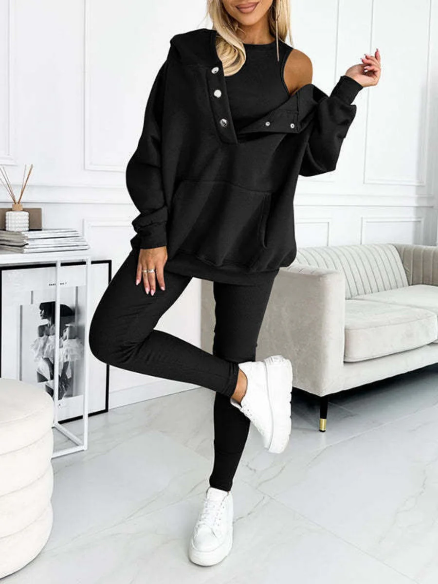 Sporty Casual Hoodie Sweatshirt, Ribbed Slim Fit Vest And Pants Three-piece Set - Image 6